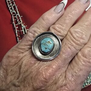 Native American Vintage Sterling Silver and Turquoise Statement Ring Size 8